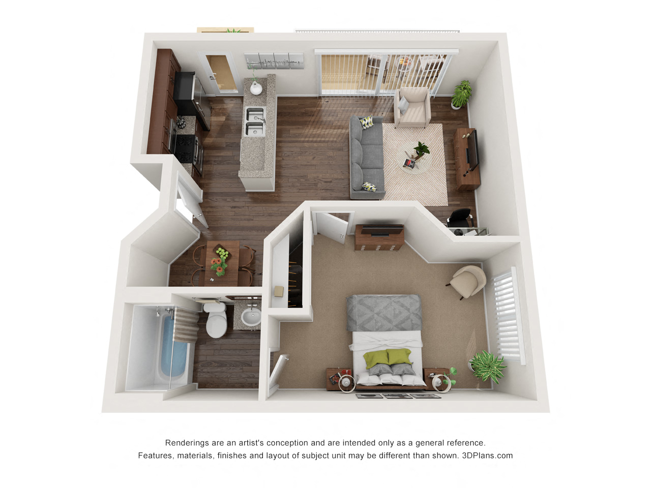 Floor plan for 1 bed, 1 bath, 523 sqft